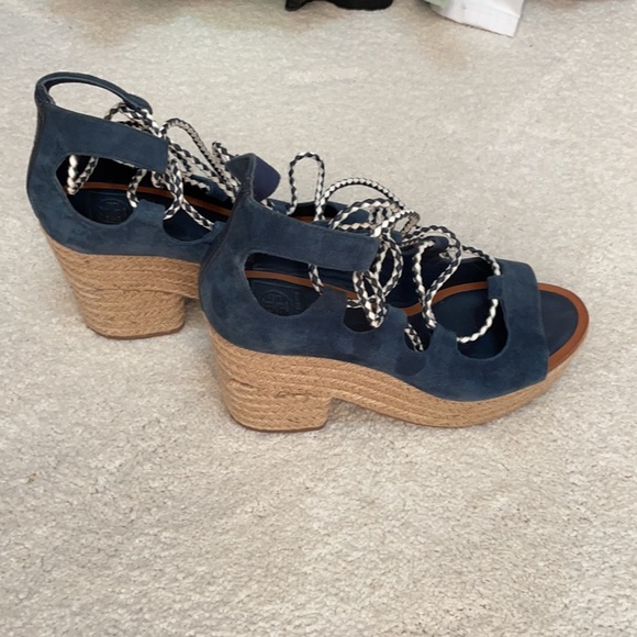 Tory Burch Navy Blue Espadrille Wrap Up Wedges - Picture 5 of 6